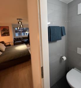 苏黎世Swiss Art Apartment City Center的小房间设有一张床和一间浴室