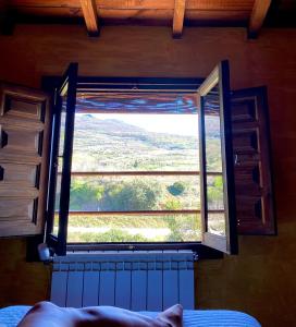 纳瓦孔塞霍CASA RURAL MOLINO DEL JERTE的卧室的窗户,享有田野美景