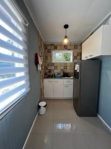 PueloREFUGIO RIVER PUELO的小厨房配有白色橱柜和冰箱。