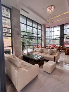岘港K Hotel Sauna and Massage的带沙发和吊灯的大型客厅