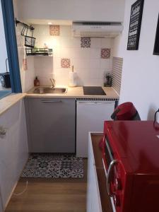 图卢兹Appartement cosy au centre-ville de Toulouse的一个带水槽和红色冰箱的小厨房