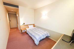 韮崎市Chateraise Hotel Nirasaki no Mori的一间小卧室,配有一张床和电视