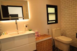 哈林海滩Joy Houses的一间带水槽、卫生间和镜子的浴室