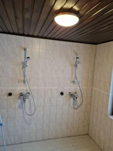 卡亚尼Nauti luonnon rauhasta Jataniemen Uittotuvassa.的浴室的墙壁上设有两个淋浴喷头