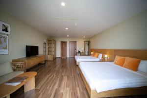 Thôn Trường GiangSline Hotel and Apartment的酒店客房,设有两张床和一张沙发