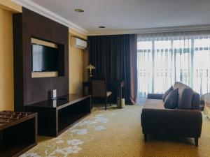 乌斯季卡缅诺戈尔斯克Shiny River Hotel的一间配备有沙发及电视的酒店客房