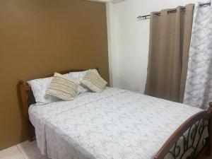 斯卡伯勒Cozy Quarters Tobago的卧室配有带枕头的床铺和窗户。