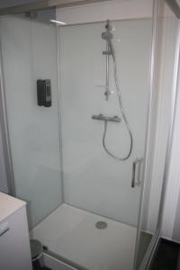 RambervillersLe P'tit Bouchon的浴室里设有玻璃门淋浴
