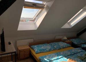 HevlínPension Sara的阁楼卧室设有两张床和天窗