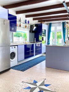 DucosVilla La Roserie的厨房配有蓝色橱柜和洗衣机。