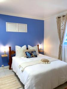 DucosVilla La Roserie的蓝色卧室配有一张带白色床单的大床