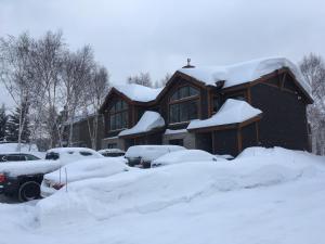 Saint-Férréol-les-Neiges赫伯季蒙JFL度假屋的门前有汽车停放在雪地中的房屋