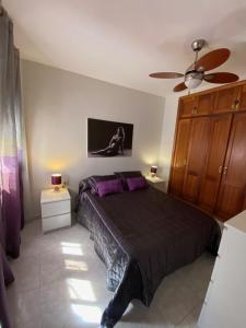 圭马尔港Atico Puertito de Guimar的一间卧室配有一张大床和吊扇