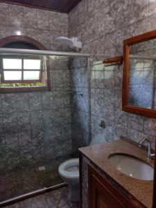 卢米亚Casa Temporada em Lumiar的带淋浴、盥洗盆和卫生间的浴室