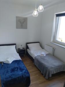 维斯瓦Apartament Zuza w Wiśle的一间卧室设有两张床和窗户。