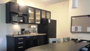 格林维尔Candlewood Suites Greenville NC, an IHG Hotel的厨房配有黑色橱柜和黑色冰箱。