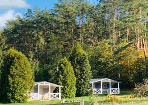 SilnowoDomki w Lesie的两座树木繁茂的白色小屋