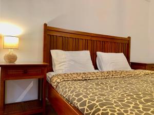 干尼亚Aggelos and Thisbe Chania City Apartment的一间卧室配有一张带木制床头板和灯的床。
