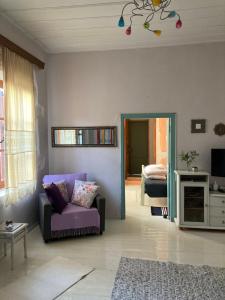 干尼亚Sergios Village House的一间带紫色沙发的客厅和一间卧室