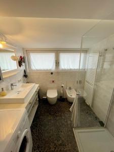 肯普滕Zentrale Idylle in Kempten的浴室配有卫生间、盥洗盆和淋浴。