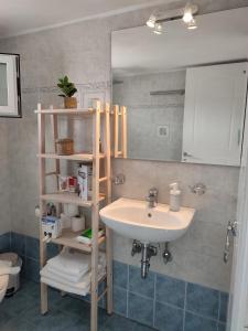 法罗斯岛Sofia sea view apartment的一间带水槽和一个带镜子的架子的浴室