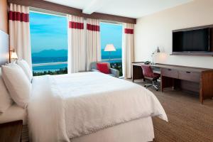 西塔科西雅图机场南福朋喜来登酒店的酒店客房配有一张床和一张书桌及一台电视