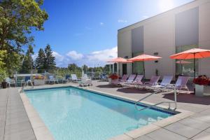 西塔科西雅图机场南福朋喜来登酒店的一座带椅子和遮阳伞的游泳池位于一座建筑旁边