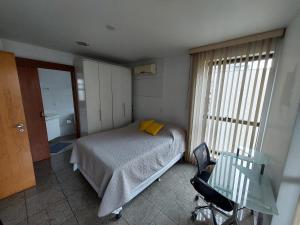 尼泰罗伊Loft Espaçoso e Aconchegante的一间卧室配有一张床、一张书桌和一个窗户。