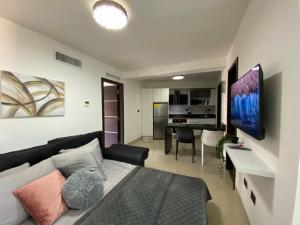 波拉马尔Elegante apartamento en Playa el Angel的一间卧室配有一张床和一张书桌