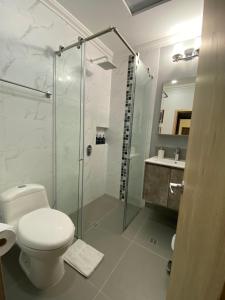 波哥大Cal Bed & Breakfast的一间带卫生间和玻璃淋浴间的浴室