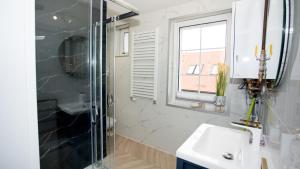 乌斯特卡Apartamenty Sun & Snow Stare Miasto Ustka的带淋浴和盥洗盆的浴室