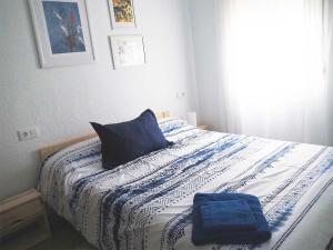 特鲁希略Hogar acogedor en Trujillo的一张带蓝色枕头的床和两张毛巾