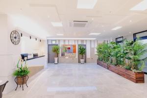 全州市Hotel Arari的墙上挂着盆栽植物的办公室走廊