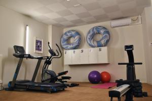 克莱蒙费朗ARTYSTER CLERMONT-FERRAND的健身房设有2辆健身自行车和运动球