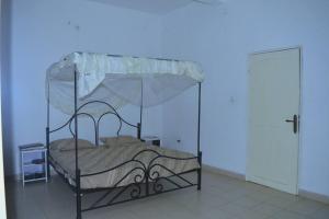 布琼布拉Bujumbura Sweet Home - Maison bien équipée avec voiture gratuite的蓝色房间中一张带天蓬的床