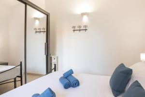 哥斯达雷Sa Perla Marina - FREE WIFI - 500 mt from the beach的一间卧室配有一张带蓝色枕头和镜子的床