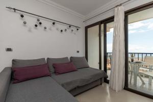 洛斯克里斯蒂亚诺斯Achacay的一间带灰色沙发的客厅和一个阳台