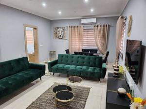 DawhwenyaSpacious Luxury 3Bed Hse in Tema - Netflix Wi-fi的客厅配有绿色沙发和桌子