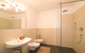 San PaoloB&B Zum Guten Tropfen的一间带水槽、卫生间和淋浴的浴室