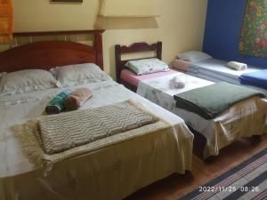 恩布O Brejo Encantado Hospedagem e Pousada的一间房间,有三张床