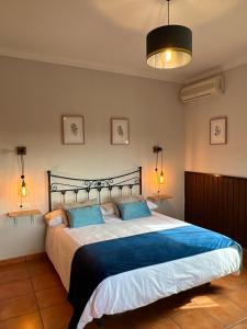 奥尔纳丘埃洛斯Casa Rural Mirador de la Alcaidía的一间卧室配有一张带蓝色枕头的大床