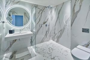 特鲁瓦La Licorne Hotel & Spa Troyes MGallery的带淋浴、盥洗盆和镜子的浴室