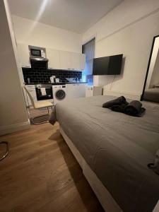 伦敦Private Self Contained Studio In The Heart Of Golders Green的一间带大床的卧室和一间厨房