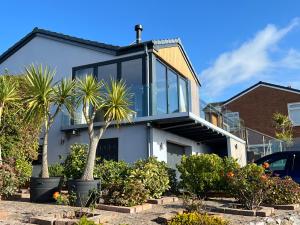 莱普斯通Sea breeze Exmouth的一座带玻璃窗和棕榈树的房子