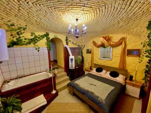 沙托劳尔尧乌伊海伊Chateau Vincze的一间卧室配有一张床和浴缸