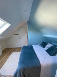 Appartement standing 2 pièces tout équipé avec jardin et parking privé的一间卧室设有一张床和蓝色的天花板