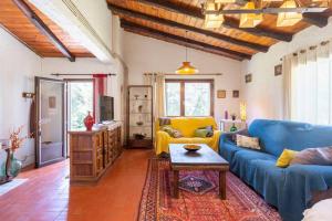 赫罗纳Casa con piscina cerca de Girona的客厅配有蓝色的沙发和桌子