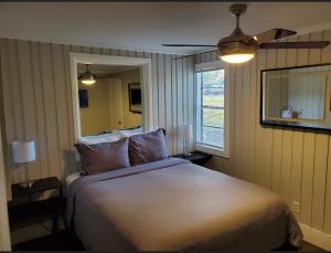 克莱蒙Beautiful cottage near Lake Louisa & mins from Disney, Vehicle Rental Available的卧室配有一张白色大床和吊扇