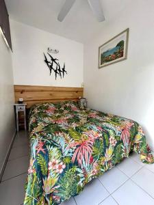 勒穆莱Appartement vue mer的一间卧室配有一张带彩色毯子的床