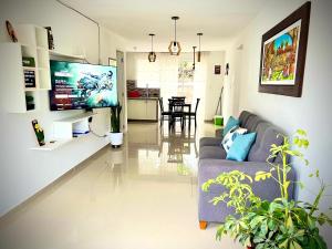 奥克萨潘帕Colina Haus, hospedaje Oxapampa的客厅配有沙发和墙上的电视